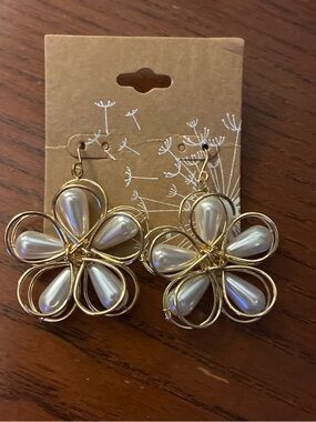 Gold Flower Drop Earrings with Pearl Teardrops